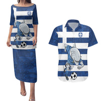 Greece Football Couples Matching Puletasi and Hawaiian Shirt Dolphin Mascot Grunge Style - Wonder Print Shop