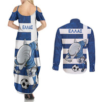 Greece Football Couples Matching Summer Maxi Dress and Long Sleeve Button Shirt Dolphin Mascot Grunge Style - Wonder Print Shop