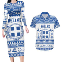 Personalized Christmas Greece Coat Of Arms Couples Matching Long Sleeve Bodycon Dress and Hawaiian Shirt Hellas Kala Christougena - Wonder Print Shop