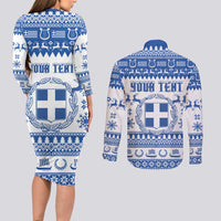 Personalized Christmas Greece Coat Of Arms Couples Matching Long Sleeve Bodycon Dress and Long Sleeve Button Shirt Hellas Kala Christougena - Wonder Print Shop