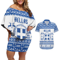 Personalized Christmas Greece Coat Of Arms Couples Matching Off Shoulder Short Dress and Hawaiian Shirt Hellas Kala Christougena - Wonder Print Shop