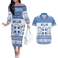 Personalized Christmas Greece Coat Of Arms Couples Matching Off The Shoulder Long Sleeve Dress and Hawaiian Shirt Hellas Kala Christougena - Wonder Print Shop