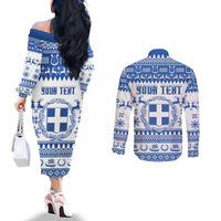 Personalized Christmas Greece Coat Of Arms Couples Matching Off The Shoulder Long Sleeve Dress and Long Sleeve Button Shirt Hellas Kala Christougena - Wonder Print Shop