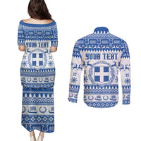 Personalized Christmas Greece Coat Of Arms Couples Matching Puletasi and Long Sleeve Button Shirt Hellas Kala Christougena - Wonder Print Shop