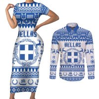 Personalized Christmas Greece Coat Of Arms Couples Matching Short Sleeve Bodycon Dress and Long Sleeve Button Shirt Hellas Kala Christougena - Wonder Print Shop
