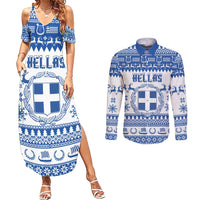 Personalized Christmas Greece Coat Of Arms Couples Matching Summer Maxi Dress and Long Sleeve Button Shirt Hellas Kala Christougena - Wonder Print Shop