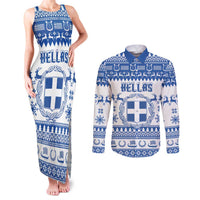 Personalized Christmas Greece Coat Of Arms Couples Matching Tank Maxi Dress and Long Sleeve Button Shirt Hellas Kala Christougena - Wonder Print Shop