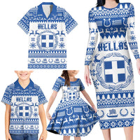 Personalized Christmas Greece Coat Of Arms Family Matching Long Sleeve Bodycon Dress and Hawaiian Shirt Hellas Kala Christougena - Wonder Print Shop