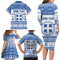Personalized Christmas Greece Coat Of Arms Family Matching Long Sleeve Bodycon Dress and Hawaiian Shirt Hellas Kala Christougena - Wonder Print Shop