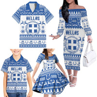 Personalized Christmas Greece Coat Of Arms Family Matching Off The Shoulder Long Sleeve Dress and Hawaiian Shirt Hellas Kala Christougena - Wonder Print Shop