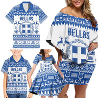 Personalized Christmas Greece Coat Of Arms Family Matching Off Shoulder Short Dress and Hawaiian Shirt Hellas Kala Christougena - Wonder Print Shop