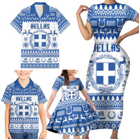 Personalized Christmas Greece Coat Of Arms Family Matching Short Sleeve Bodycon Dress and Hawaiian Shirt Hellas Kala Christougena - Wonder Print Shop