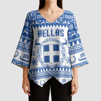 Personalized Christmas Greece Coat Of Arms Kimono Sleeve Blouse Hellas Kala Christougena - Wonder Print Shop