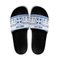 Personalized Christmas Greece Coat Of Arms Slide Sandals Hellas Kala Christougena - Wonder Print Shop