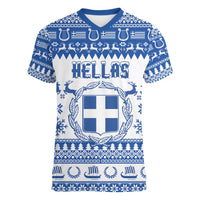 Personalized Christmas Greece Coat Of Arms Women V-Neck T-Shirt Hellas Kala Christougena - Wonder Print Shop