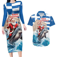 Greece Christmas Couples Matching Long Sleeve Bodycon Dress and Hawaiian Shirt Santa Claus Riding Dolphin - Wonder Print Shop