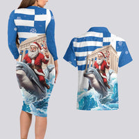 Greece Christmas Couples Matching Long Sleeve Bodycon Dress and Hawaiian Shirt Santa Claus Riding Dolphin - Wonder Print Shop