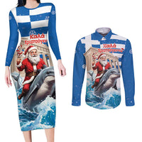 Greece Christmas Couples Matching Long Sleeve Bodycon Dress and Long Sleeve Button Shirt Santa Claus Riding Dolphin - Wonder Print Shop