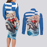 Greece Christmas Couples Matching Long Sleeve Bodycon Dress and Long Sleeve Button Shirt Santa Claus Riding Dolphin - Wonder Print Shop