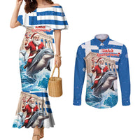 Greece Christmas Couples Matching Mermaid Dress and Long Sleeve Button Shirt Santa Claus Riding Dolphin - Wonder Print Shop