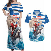 Greece Christmas Couples Matching Off Shoulder Maxi Dress and Hawaiian Shirt Santa Claus Riding Dolphin - Wonder Print Shop