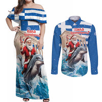 Greece Christmas Couples Matching Off Shoulder Maxi Dress and Long Sleeve Button Shirt Santa Claus Riding Dolphin - Wonder Print Shop
