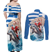 Greece Christmas Couples Matching Off Shoulder Maxi Dress and Long Sleeve Button Shirt Santa Claus Riding Dolphin - Wonder Print Shop
