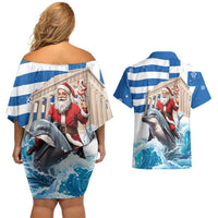 Greece Christmas Couples Matching Off Shoulder Short Dress and Hawaiian Shirt Santa Claus Riding Dolphin - Wonder Print Shop
