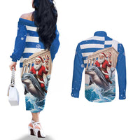 Greece Christmas Couples Matching Off The Shoulder Long Sleeve Dress and Long Sleeve Button Shirt Santa Claus Riding Dolphin - Wonder Print Shop