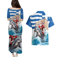 Greece Christmas Couples Matching Puletasi and Hawaiian Shirt Santa Claus Riding Dolphin - Wonder Print Shop