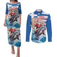 Greece Christmas Couples Matching Puletasi and Long Sleeve Button Shirt Santa Claus Riding Dolphin - Wonder Print Shop