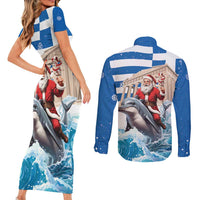 Greece Christmas Couples Matching Short Sleeve Bodycon Dress and Long Sleeve Button Shirt Santa Claus Riding Dolphin - Wonder Print Shop