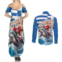 Greece Christmas Couples Matching Summer Maxi Dress and Long Sleeve Button Shirt Santa Claus Riding Dolphin - Wonder Print Shop