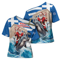 Greece Christmas Cross Shoulder Shirt Santa Claus Riding Dolphin - Wonder Print Shop