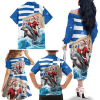 Greece Christmas Family Matching Off The Shoulder Long Sleeve Dress and Hawaiian Shirt Santa Claus Riding Dolphin - Wonder Print Shop