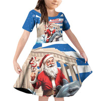 Greece Christmas Family Matching Off Shoulder Short Dress and Hawaiian Shirt Santa Claus Riding Dolphin - Wonder Print Shop