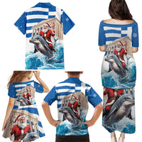 Greece Christmas Family Matching Puletasi and Hawaiian Shirt Santa Claus Riding Dolphin - Wonder Print Shop