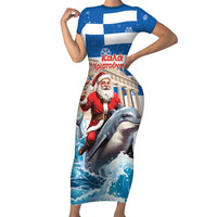 Greece Christmas Family Matching Short Sleeve Bodycon Dress and Hawaiian Shirt Santa Claus Riding Dolphin - Wonder Print Shop