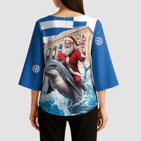 Greece Christmas Kimono Sleeve Blouse Santa Claus Riding Dolphin - Wonder Print Shop