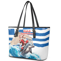 Greece Christmas Leather Tote Bag Santa Claus Riding Dolphin - Wonder Print Shop