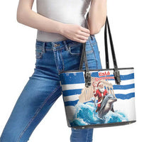 Greece Christmas Leather Tote Bag Santa Claus Riding Dolphin - Wonder Print Shop