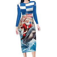 Greece Christmas Long Sleeve Bodycon Dress Santa Claus Riding Dolphin - Wonder Print Shop