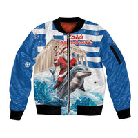 Greece Christmas Sleeve Zip Bomber Jacket Santa Claus Riding Dolphin - Wonder Print Shop