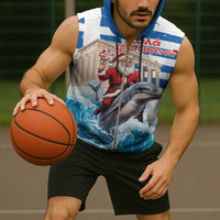 Greece Christmas Sleeveless Zip Hoodie Santa Claus Riding Dolphin - Wonder Print Shop