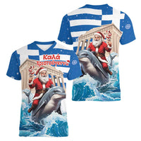 Greece Christmas Women V-Neck T-Shirt Santa Claus Riding Dolphin - Wonder Print Shop