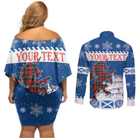 Personalized Scotland Christmas Couples Matching Off Shoulder Short Dress and Long Sleeve Button Shirt Tartan Unicorn with Edinburgh Castle - Wonder Print Shop