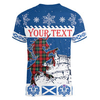 Personalized Scotland Christmas Women V-Neck T-Shirt Tartan Unicorn with Edinburgh Castle - Wonder Print Shop