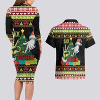 Six Seven Christmas Couples Matching Long Sleeve Bodycon Dress and Hawaiian Shirt Funny Santa and Green Hands - Wonder Print Shop