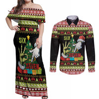 Six Seven Christmas Couples Matching Off Shoulder Maxi Dress and Long Sleeve Button Shirt Funny Santa and Green Hands - Wonder Print Shop