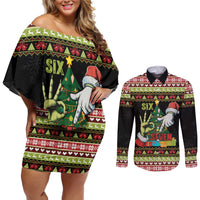 Six Seven Christmas Couples Matching Off Shoulder Short Dress and Long Sleeve Button Shirt Funny Santa and Green Hands - Wonder Print Shop
